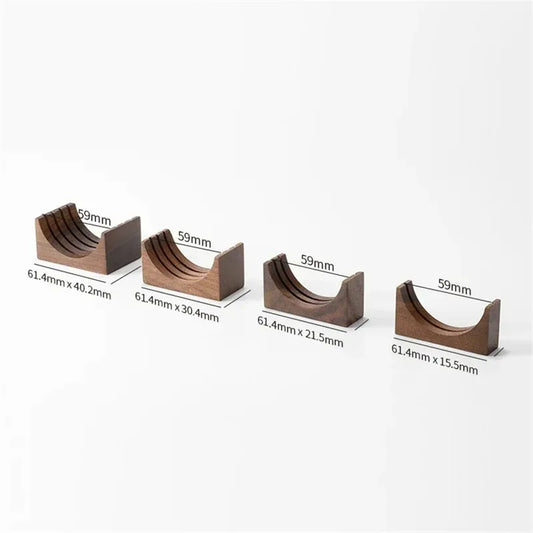 Walnut Stand for Portafilter Puck Screen: compact walnut holder with puck screen rack, fits 51/53/5 set of 4