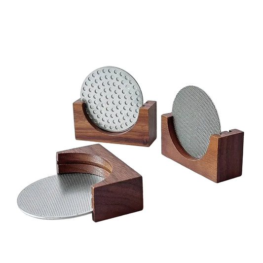 Walnut Stand for Portafilter Puck Screen: compact, space-saving espresso accessory with holder and puck rack.